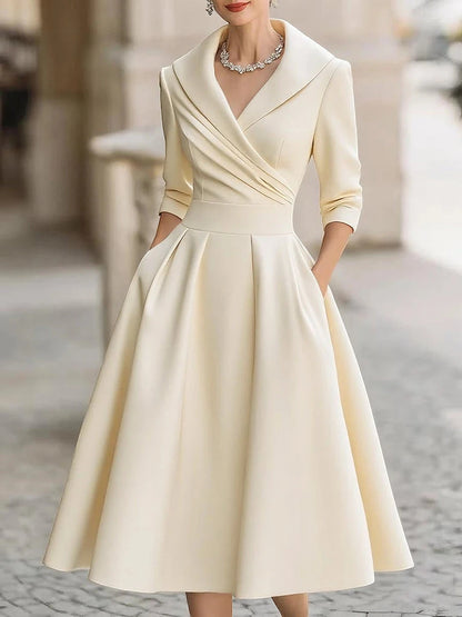Vestido de Invitada de Boda Midi Elegante con Cuello Solapa