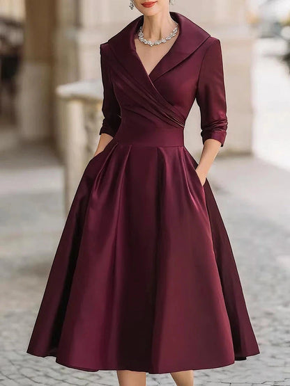 Vestido de Invitada de Boda Midi Elegante con Cuello Solapa