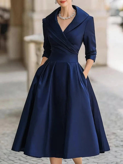 Vestido de Invitada de Boda Midi Elegante con Cuello Solapa