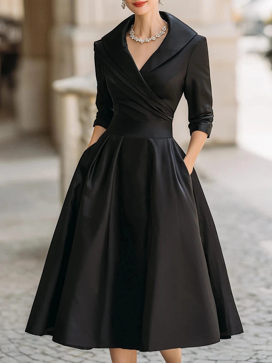Vestido de Invitada de Boda Midi Elegante con Cuello Solapa