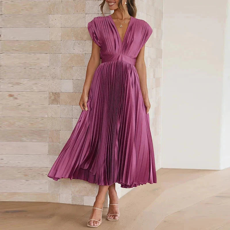 Vestido para Invitada de Boda Midi Plisado con Escote en V