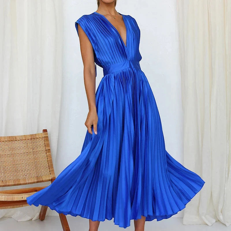 Vestido para Invitada de Boda Midi Plisado con Escote en V