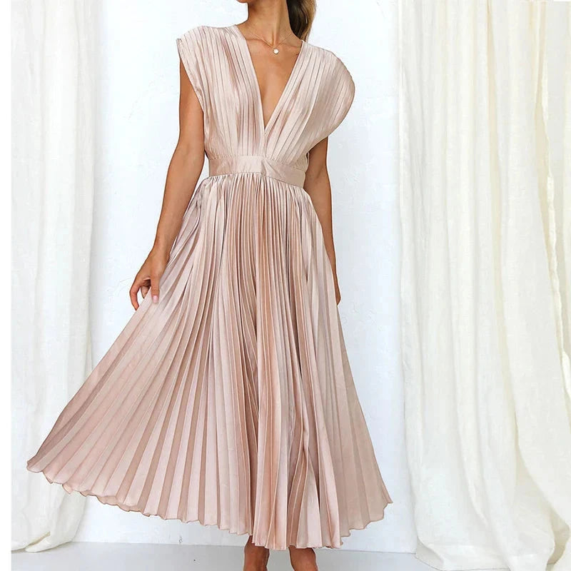 Vestido para Invitada de Boda Midi Plisado con Escote en V