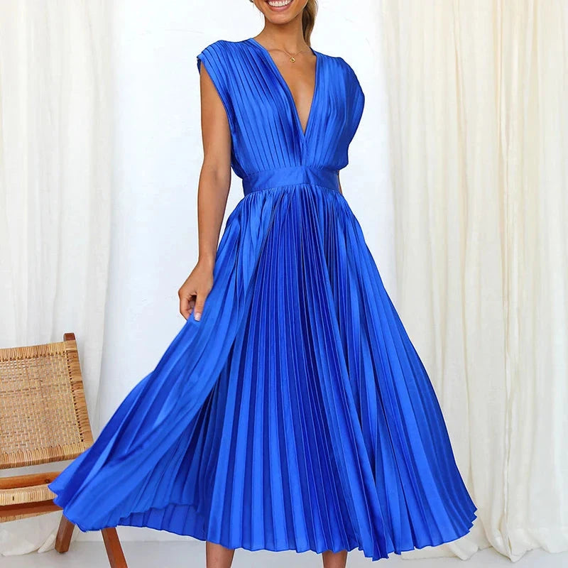 Vestido para Invitada de Boda Midi Plisado con Escote en V