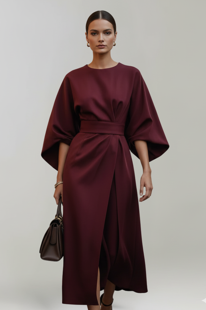 Vestido de Invitada de Boda Midi Sofisticado Elegante con Cuello Redondo