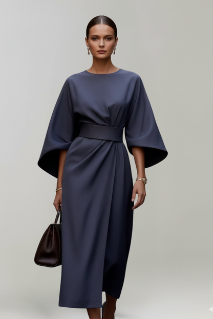 Vestido de Invitada de Boda Midi Sofisticado Elegante con Cuello Redondo