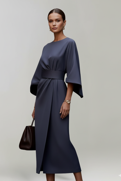 Vestido de Invitada de Boda Midi Sofisticado Elegante con Cuello Redondo