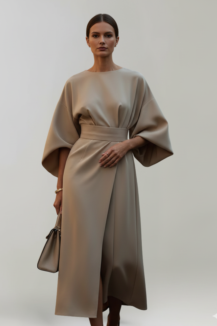 Vestido de Invitada de Boda Midi Sofisticado Elegante con Cuello Redondo