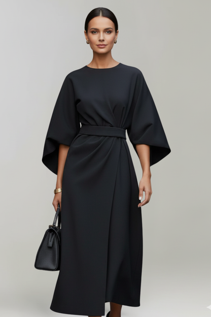 Vestido de Invitada de Boda Midi Sofisticado Elegante con Cuello Redondo