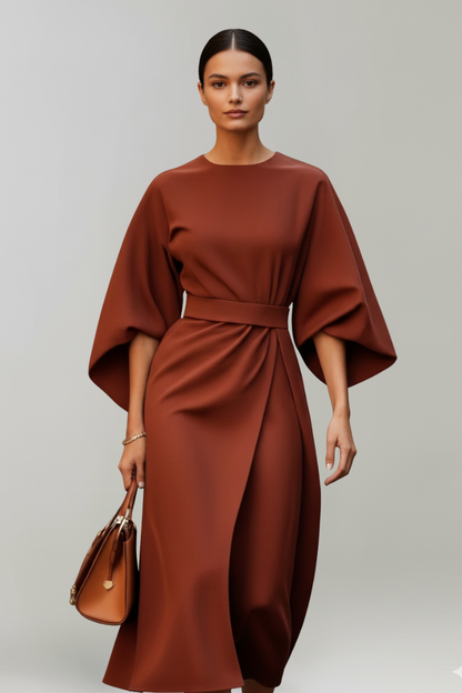 Vestido de Invitada de Boda Midi Sofisticado Elegante con Cuello Redondo