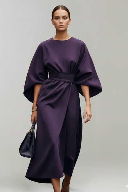 Vestido de Invitada de Boda Midi Sofisticado Elegante con Cuello Redondo