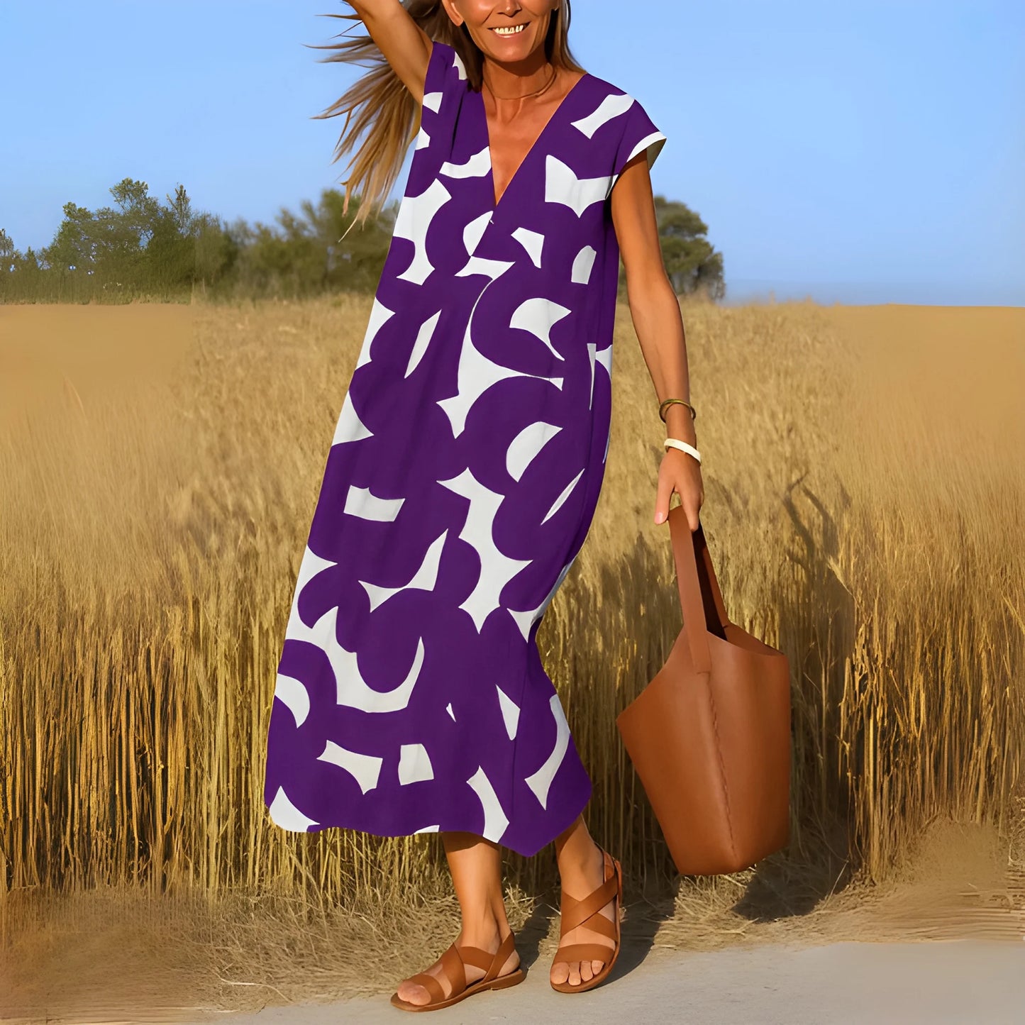 Vestido de Verano Midi Estampado Casual con Manga Corta y Escote en V