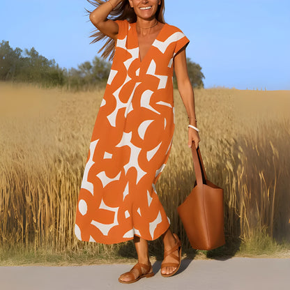 Vestido de Verano Midi Estampado Casual con Manga Corta y Escote en V
