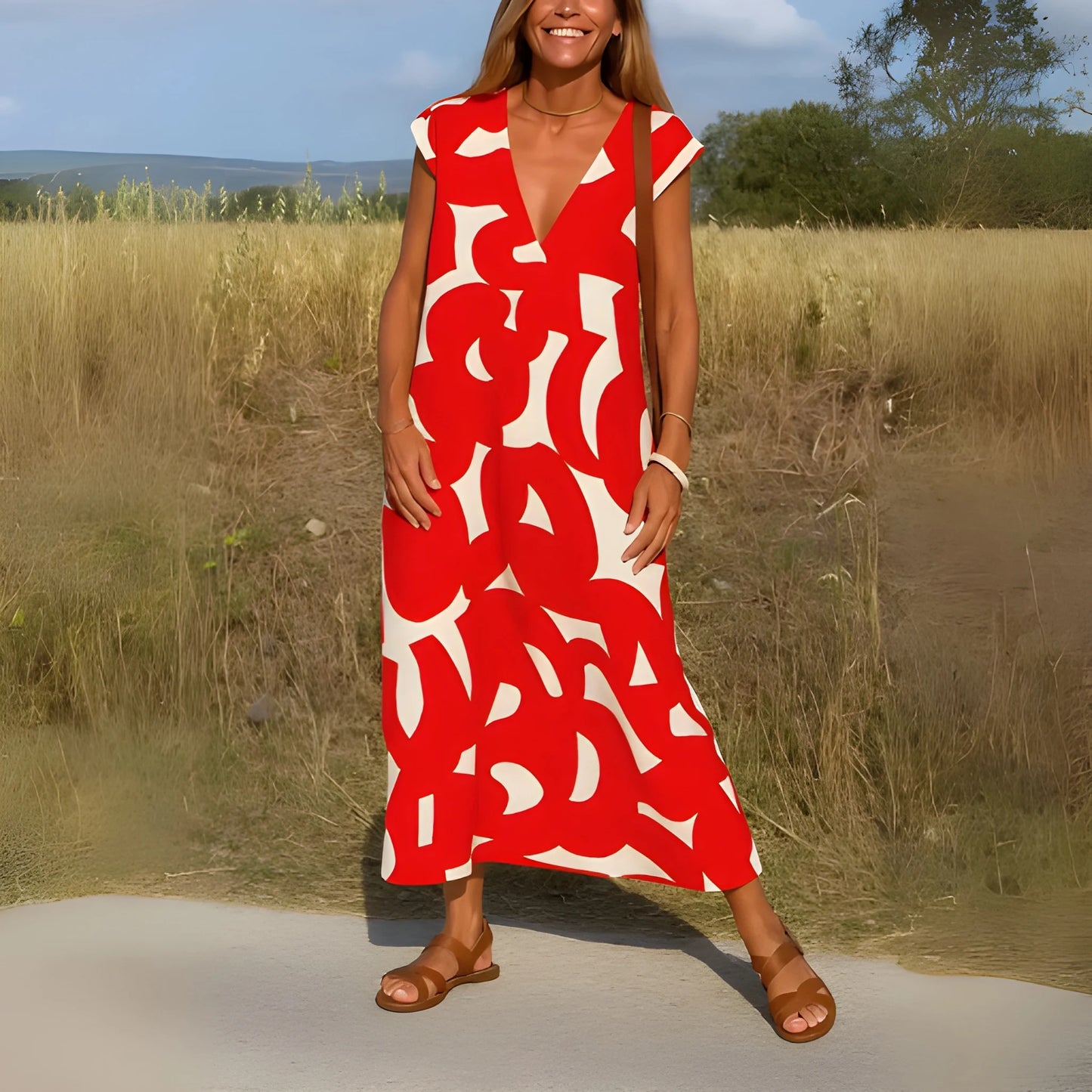 Vestido de Verano Midi Estampado Casual con Manga Corta y Escote en V