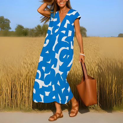 Vestido de Verano Midi Estampado Casual con Manga Corta y Escote en V