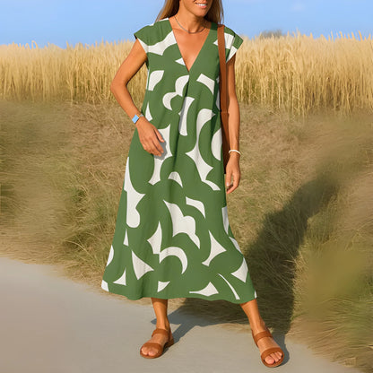 Vestido de Verano Midi Estampado Casual con Manga Corta y Escote en V