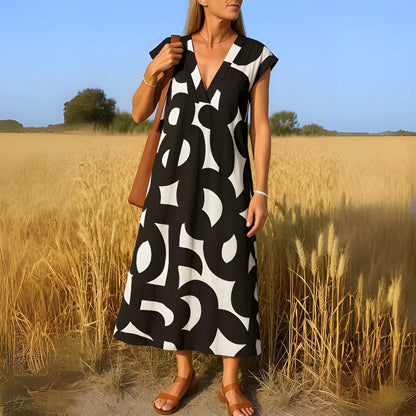 Vestido de Verano Midi Estampado Casual con Manga Corta y Escote en V