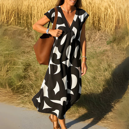 Vestido de Verano Midi Estampado Casual con Manga Corta y Escote en V