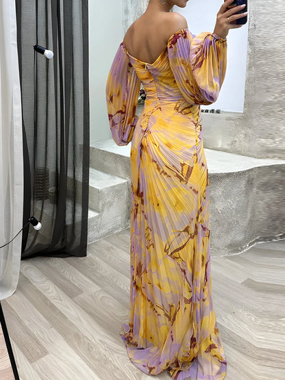 Vestido de invitada de boda largo elegante casual con manga abullonada