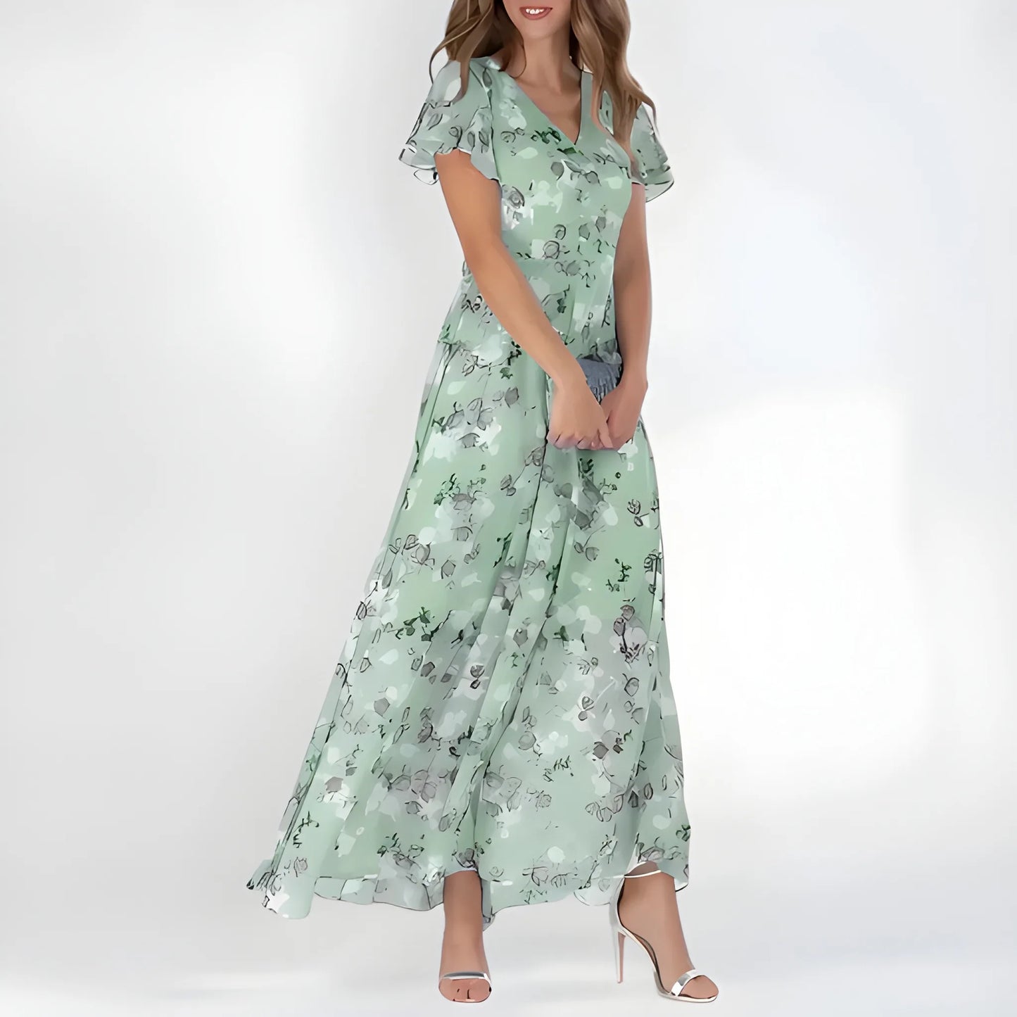 Vestido de invitada de boda largo elegante casual con de flores y manga corta