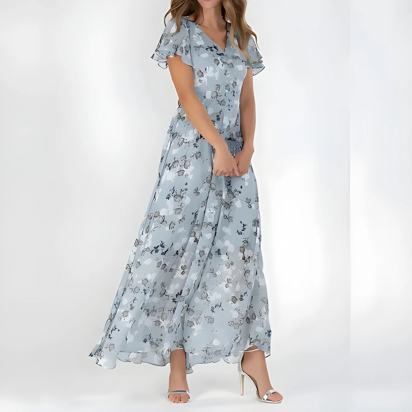 Vestido de invitada de boda largo elegante casual con de flores y manga corta