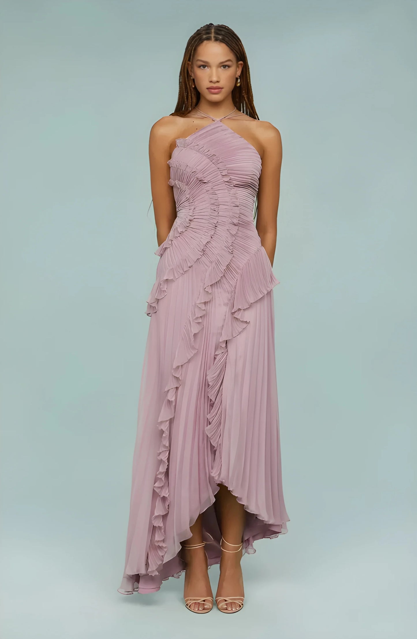 Vestido Invitada Boda Maxi Elegante con Cuello Halter y Plisado