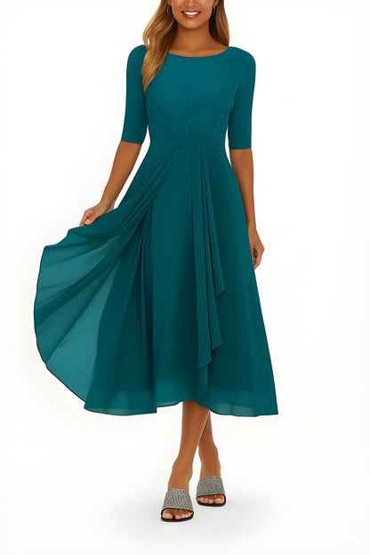 Vestido de invitada de boda midi elegante clásico con manga corta y cuello redondo