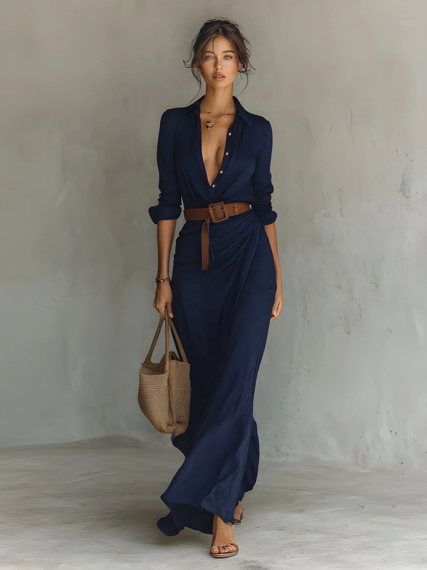 Vestido de invitada de boda largo elegante casual con drapeado y botones