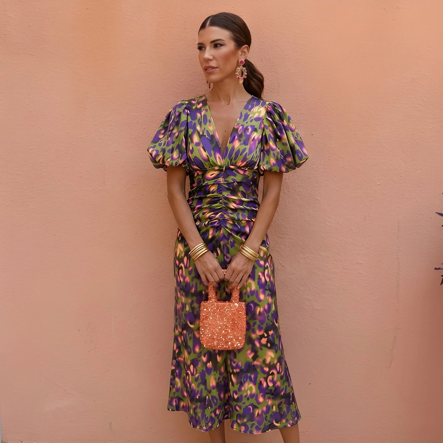 Vestido de Verano Midi Estampado Elegante con Manga Abullonada