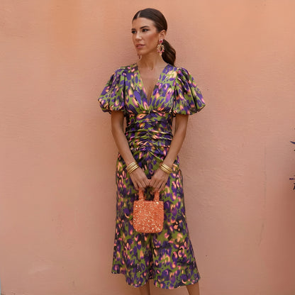 Vestido de Verano Midi Estampado Elegante con Manga Abullonada