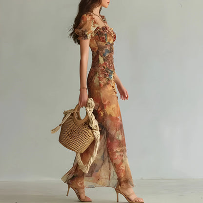 Vestido de invitada de boda largo boho elegante con manga abullonada