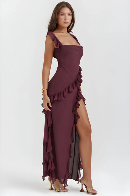 Vestido de invitada de boda largo elegante casual con volantes