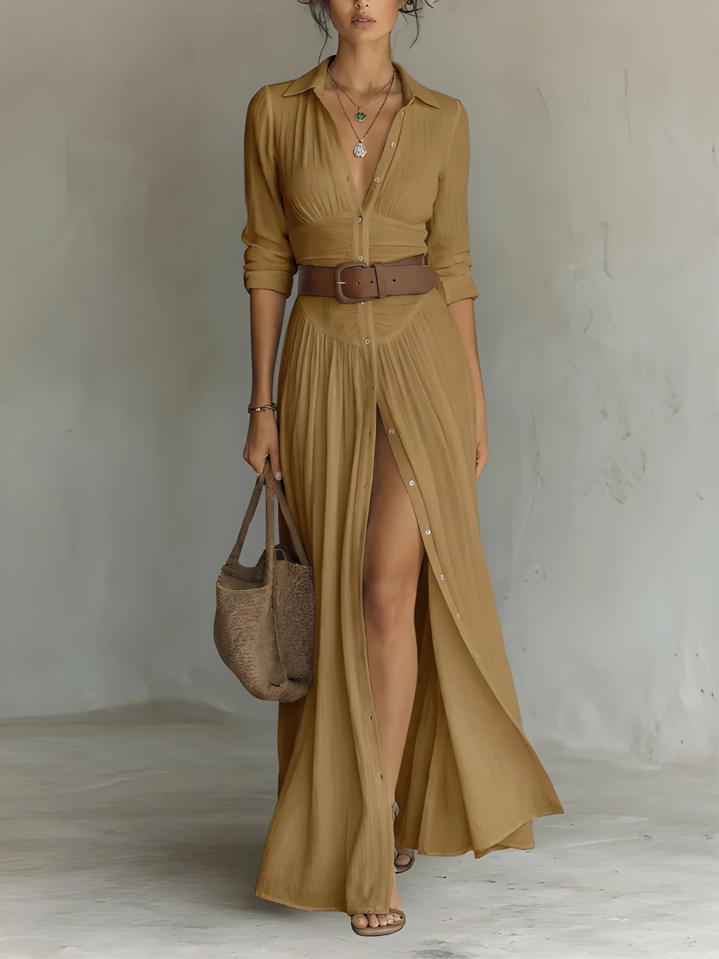 Vestido camisero largo elegante casual con botones y fruncido