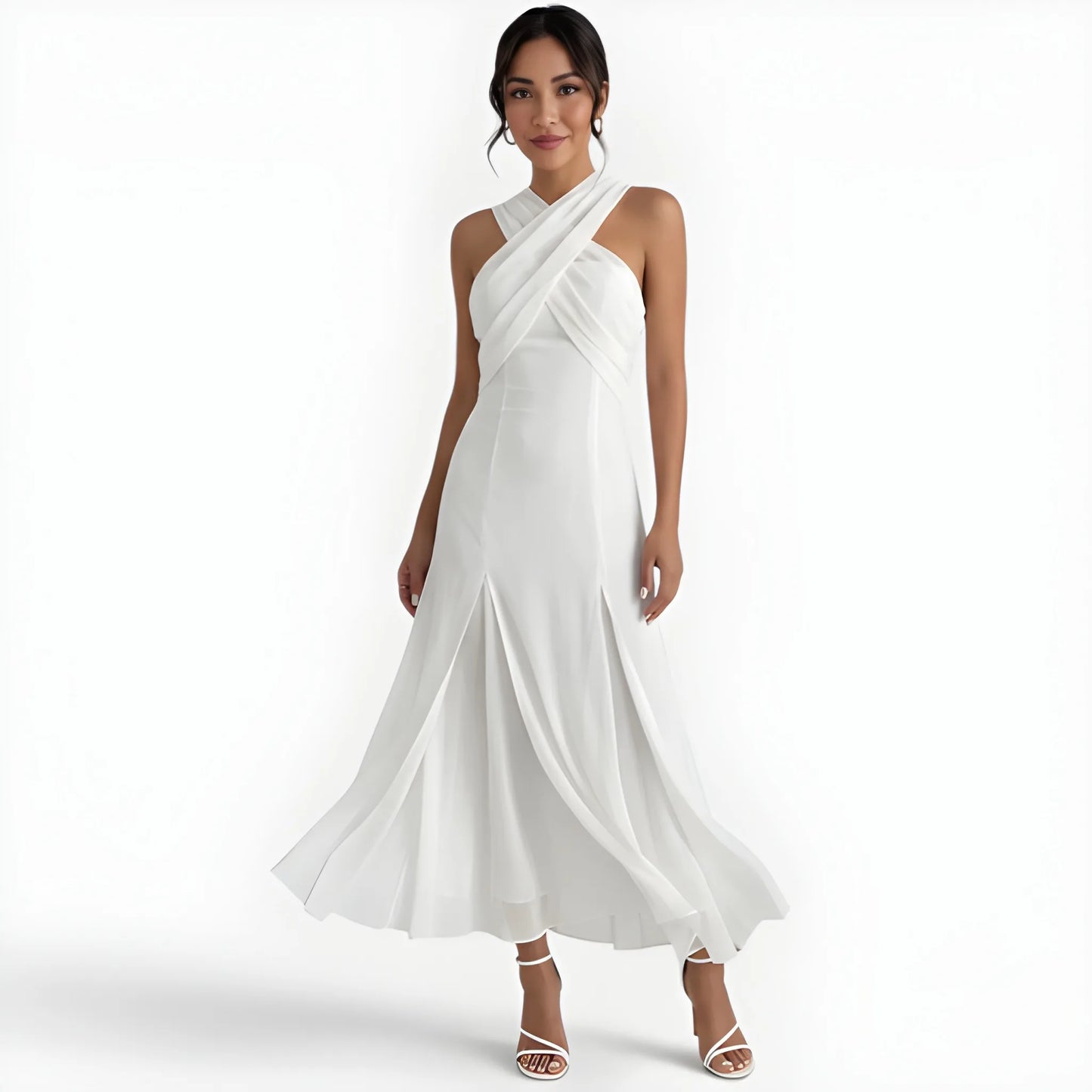 Vestido de invitada de boda midi elegante casual con cuello halter