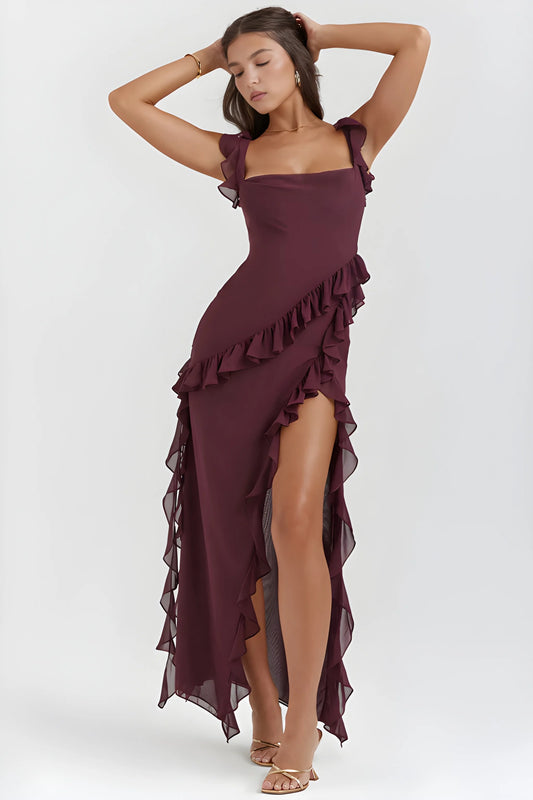 Vestido de invitada de boda largo elegante casual con volantes