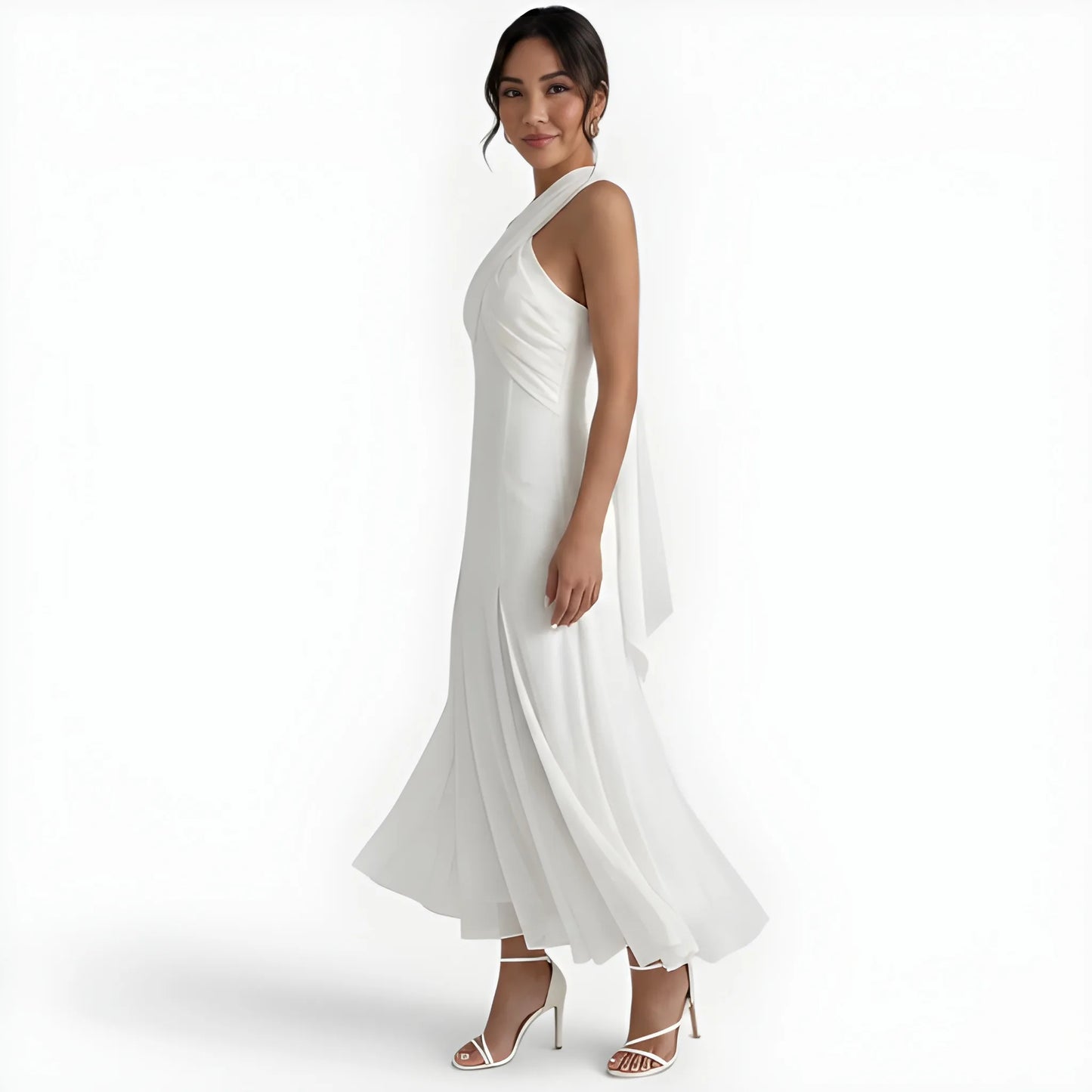 Vestido de invitada de boda midi elegante casual con cuello halter