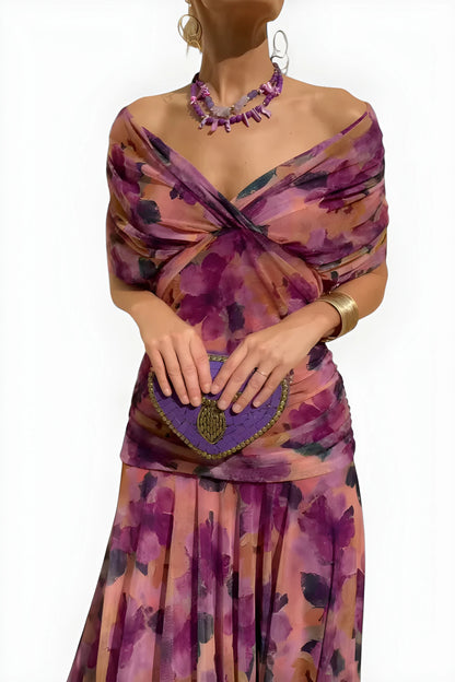 Vestido de invitada de boda largo elegante casual con hombros descubiertos