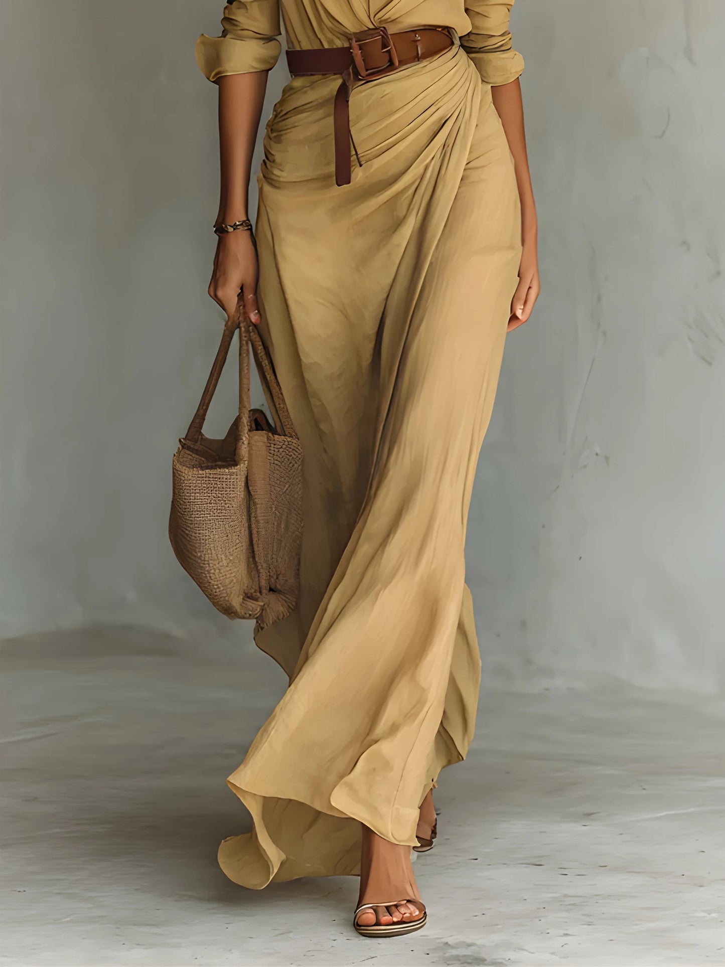 Vestido de invitada de boda largo elegante casual con drapeado y botones