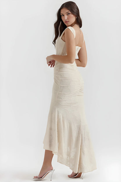 Vestido de invitada de boda largo elegante casual con escote palabra de honor