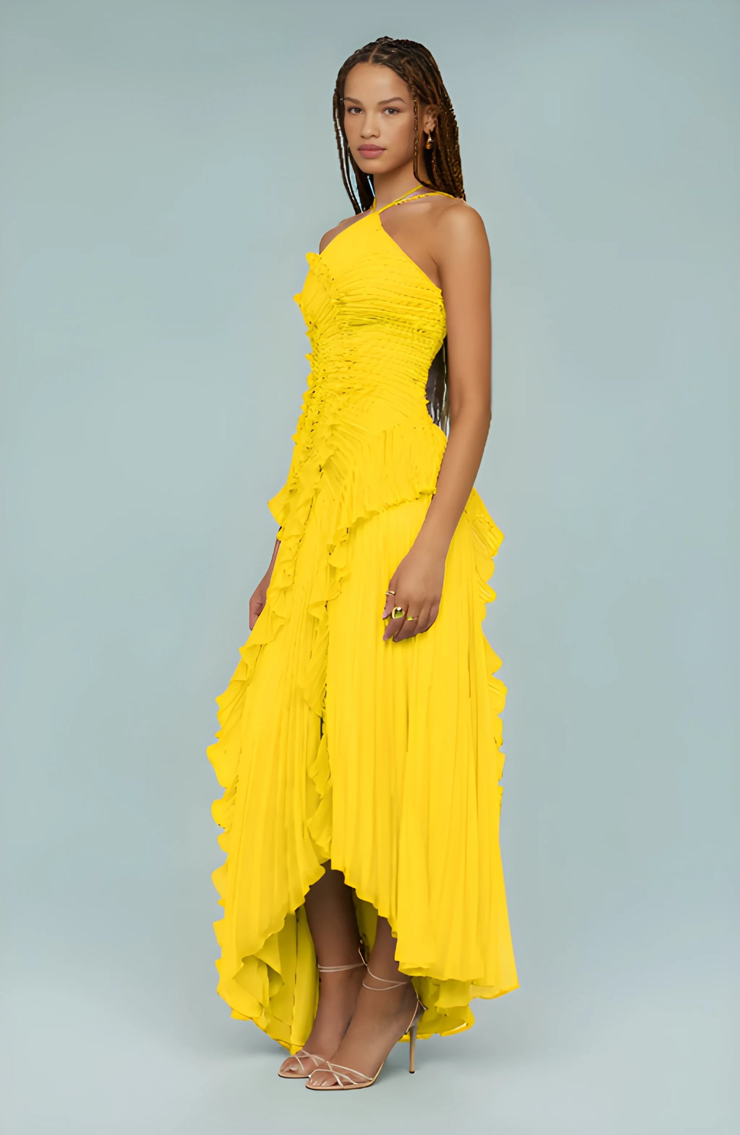 Vestido Invitada Boda Maxi Elegante con Cuello Halter y Plisado