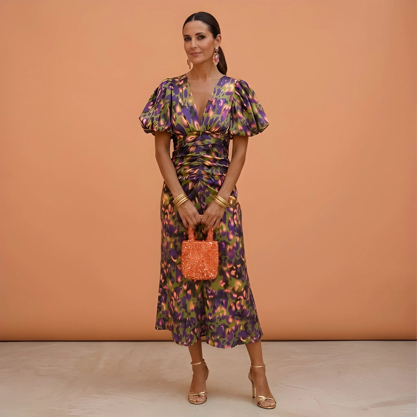 Vestido de Verano Midi Estampado Elegante con Manga Abullonada