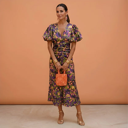 Vestido de Verano Midi Estampado Elegante con Manga Abullonada