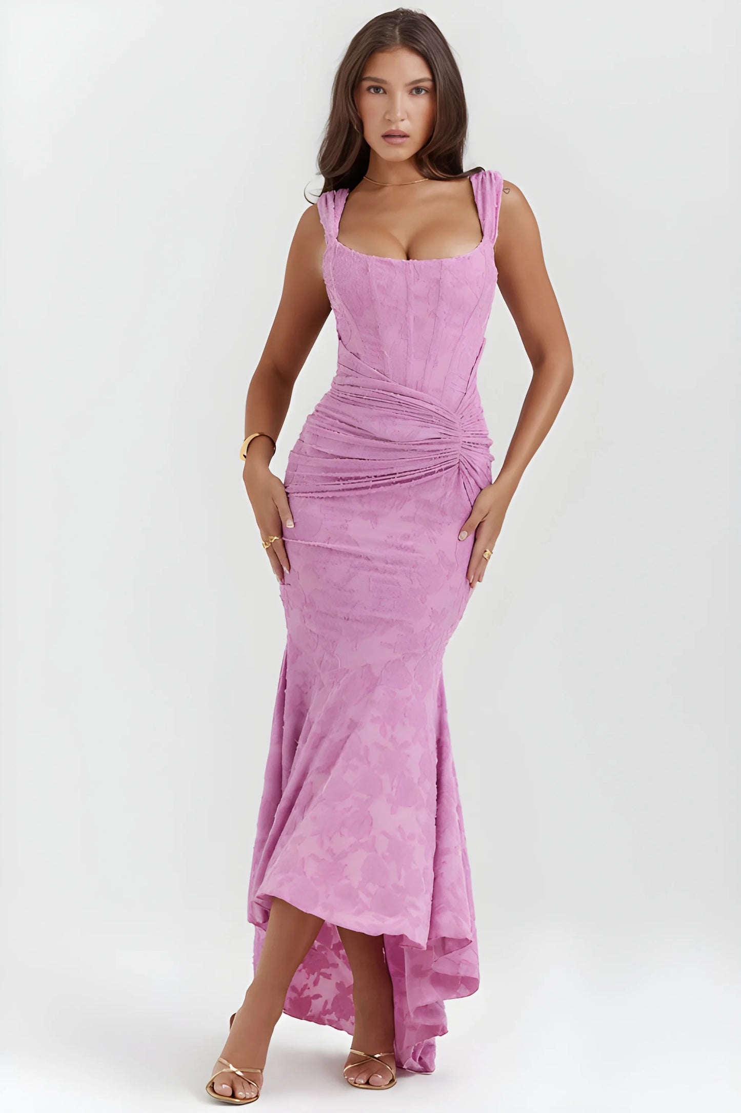 Vestido de invitada de boda largo elegante casual con escote palabra de honor