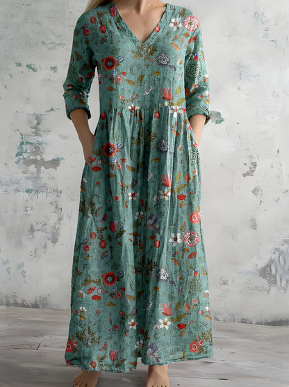 Vestido de Verano Largo de Flores Vintage Elegante con Escote en V