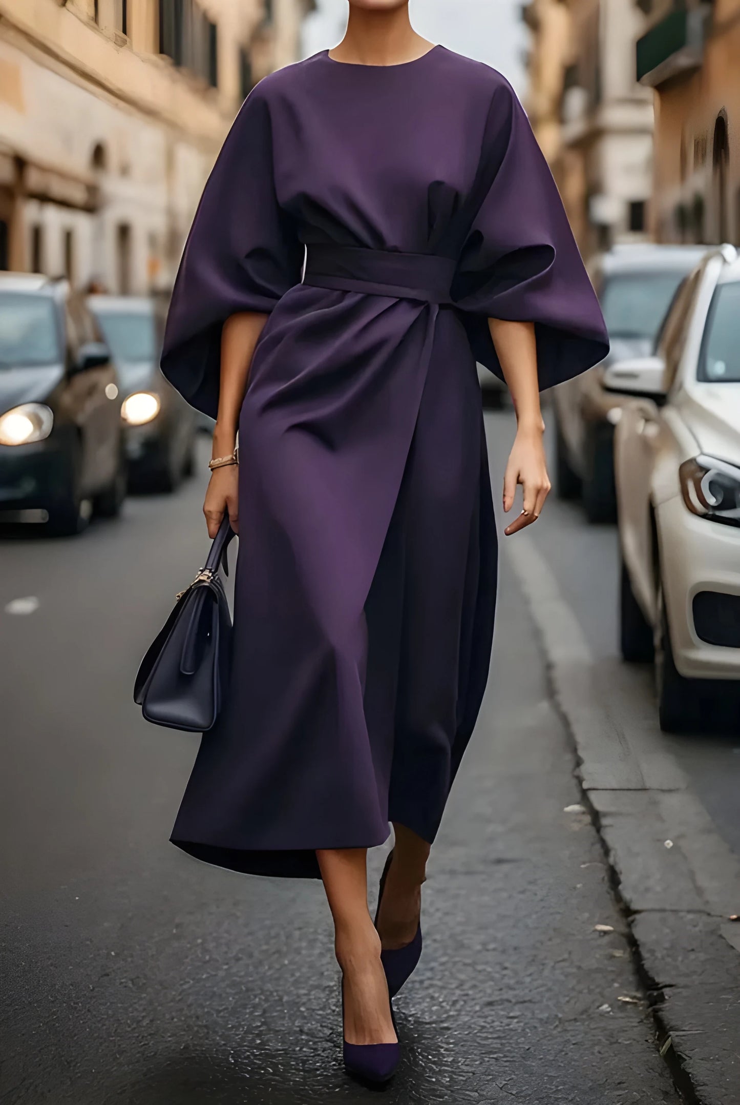 Vestido de invitada de boda midi elegante casual con manga abullonada y lazo
