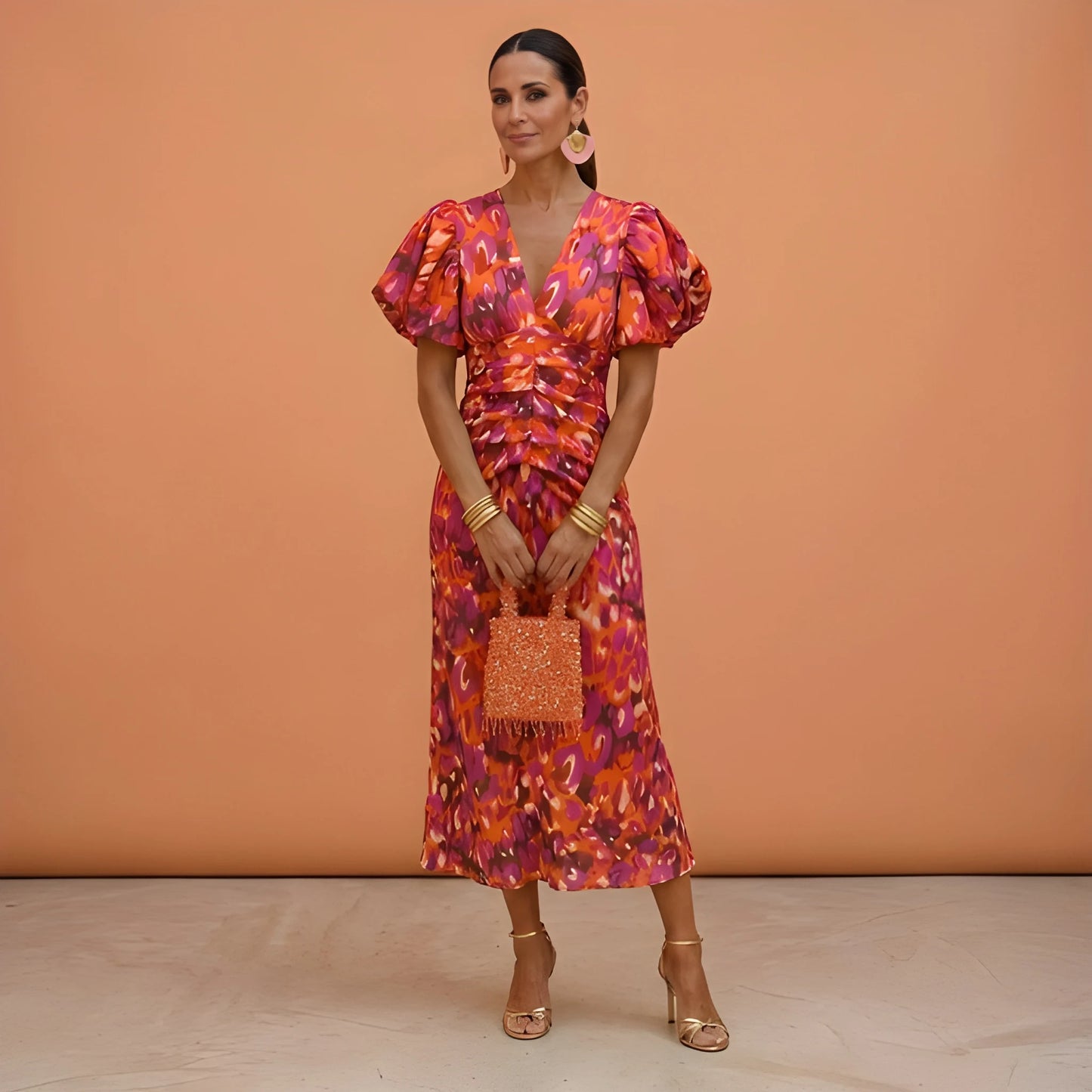 Vestido de Verano Midi Estampado Elegante con Manga Abullonada