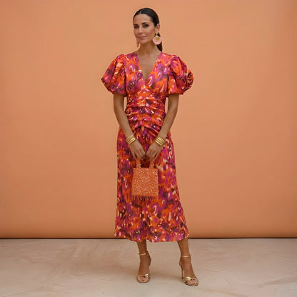 Vestido de Verano Midi Estampado Elegante con Manga Abullonada