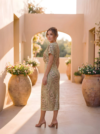 Vestido de invitada de boda midi elegante casual con nudo en la cintura