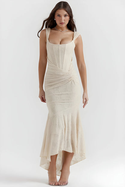 Vestido de invitada de boda largo elegante casual con escote palabra de honor
