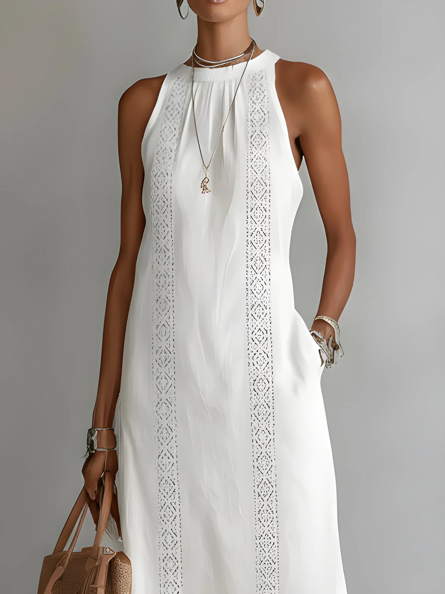 Vestido de verano midi elegante casual con cuello mao